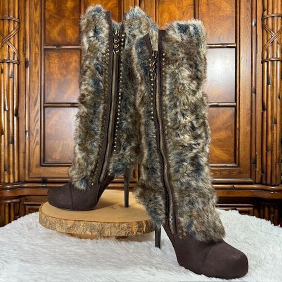 Not Rated Dark Chocolate Faux Suede Faux Fur Studded Tall Boot - Picture 1 of 16